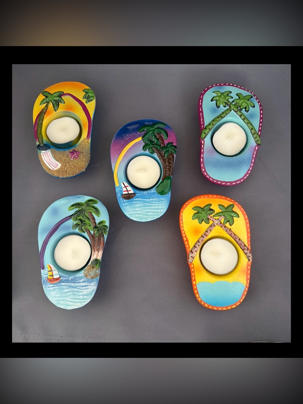 Set of 5 NEW Ceramic Flip Flop Tealight Candle Holders Beach Style 4.75”x 3”